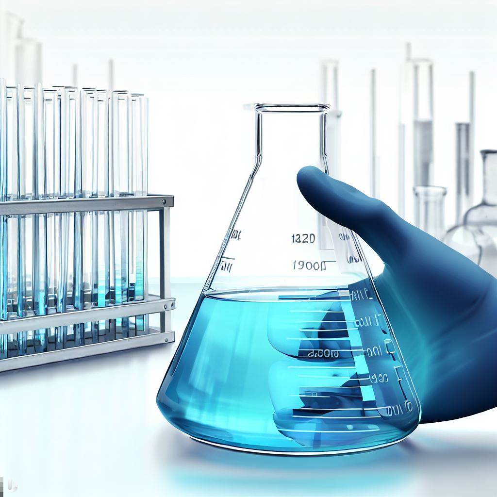 a photo-realistic depiction of a laboratory setting with a hand holding