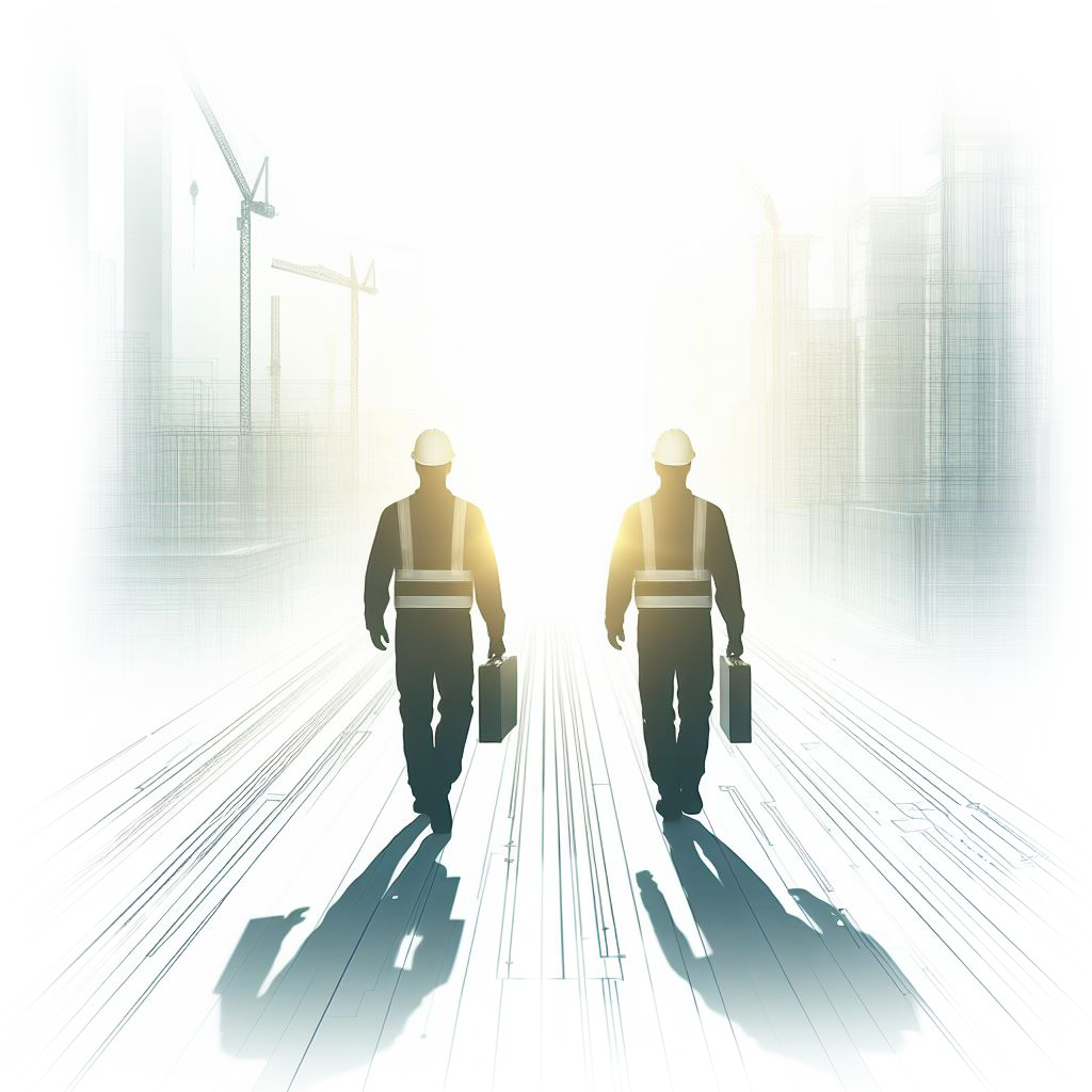 2 engineers walking towards the light
